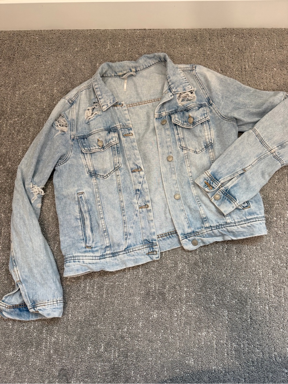 Free People Light Blue Distressed Denim Trucker Jacket